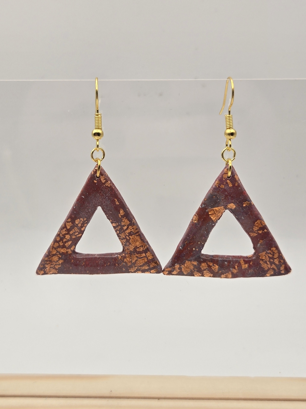 #15- Burgundy Triangle Drop Earrings with Gold Fleck
